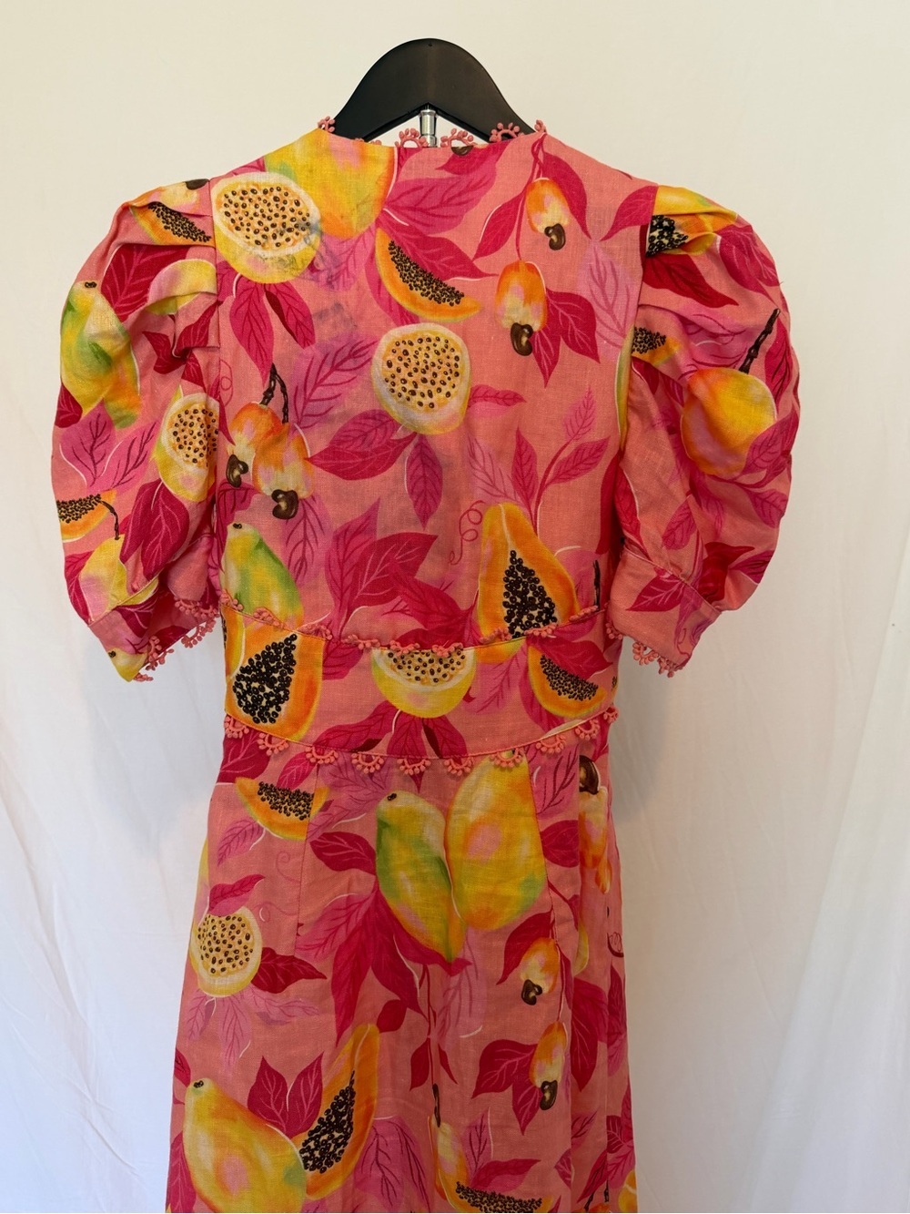 Farm Rio Pink Tropical Fruit Print Linen Blend Midi Dress XS Puff Sleeve READ - Picture 10 of 14
